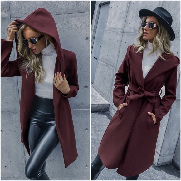 Jackets & Blazers - burgundy waist tie fall hooded trench coat jacket